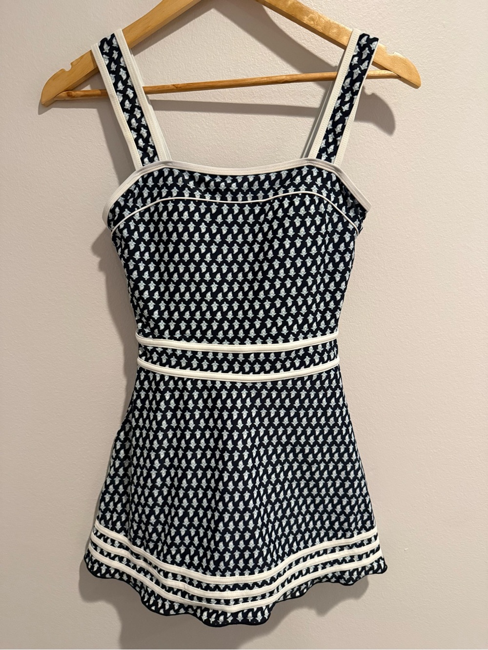 Shore Shapes Swimdress One Piece Swimsuit Navy Floral Block Print Skirted Size 6